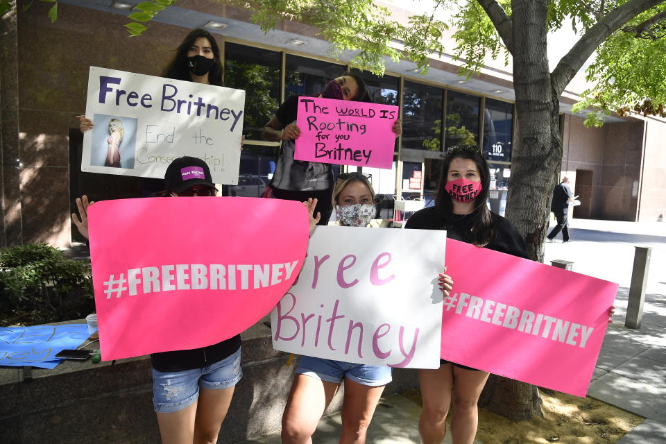 Supporters of Britney Spears gather outside a courthouse for a #FreeBritney protest as a hearing regarding her takes place on July 22, 2020 in Los Angeles, California.
