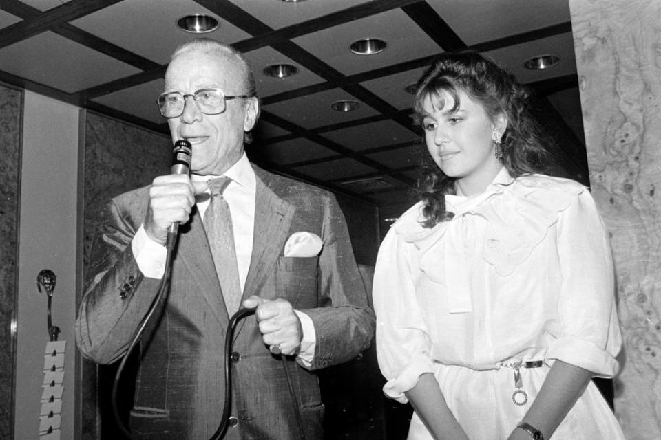 Aldo Gucci with his daughter Patricia Gucci present the Gucci summer 1983 menswear collection at the Gucci flagship store in New York. (Photo by Nick Machalaba/Penske Media via Getty Images)