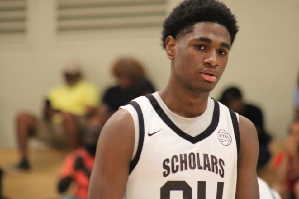 Billy Richmond stands on the court during an AAU basketball game July 3, 2023, at the Nike EYBL Peach Jam in North Augusta, S.C. Holding scholarship offers from Louisville, Kentucky and others, Richmond played for NJ Scholars during the marquee tournament.