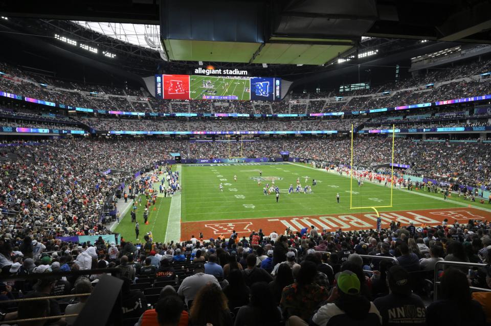 Allegiant Stadium is shown during the second half of the Pro Bowl NFL football game between the AFC and the NFC, Sunday, Feb. 6, 2022, in Las Vegas. The AFC won 41-35.