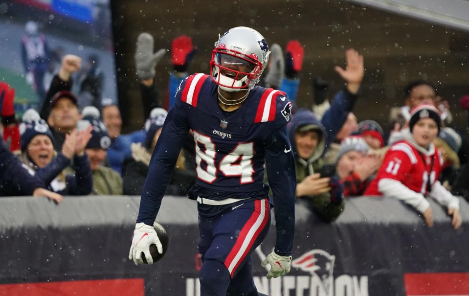 New England Patriots wide receiver Kendrick Bourne reacts after his touchdown against the Tennessee Titans in the second half at Gillette Stadium in Foxboro on Nov. 28, 2021.