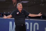 Houston Rockets head coach Mike D'Antoni reacts during the fourth quarter of Game 2 of an NBA basketball first-round playoff series against the Oklahoma City Thunder, Thursday, Aug. 20, 2020, in Lake Buena Vista, Fla. (Kevin C. Cox/Pool Photo via AP)