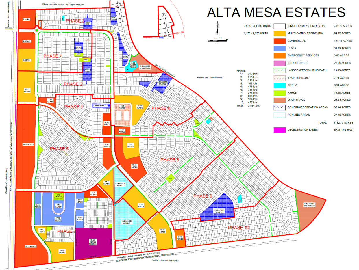 Map shows planned 10 phases of the Alta Mesa Estates residential community in Santa Teresa. The left border is Pete Domenici Highway, and Union Pacific Railroad lines form the right border. The first phase, top left, is near Strauss Road. The seventh phase, bottom left, will have a 32-acre plaza.