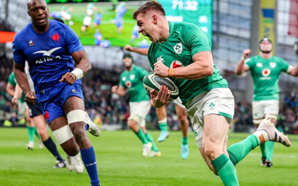 Garry Ringrose runs in for Ireland's try against France - John Dickson/Getty Images