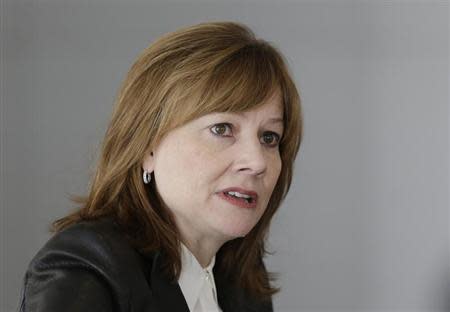 General Motors Co's new chief executive Mary Barra addresses the media during a roundtable meeting with journalists in Detroit, Michigan January 23, 2014. EUTERS/Carlos Osorio/Pool