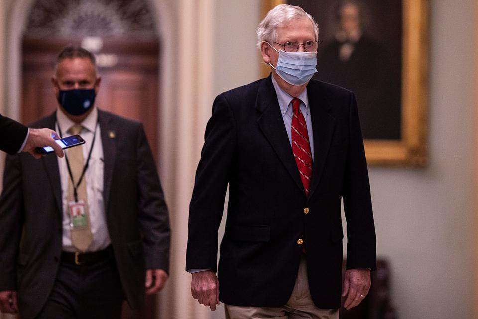 U.S. Senate Majority Leader Mitch McConnell (R-KY) arrives on Capitol Hill on December 20, 2020 in Washington, DC. Republicans and Democrats in the Senate came to an agreement on the coronavirus relief bill.