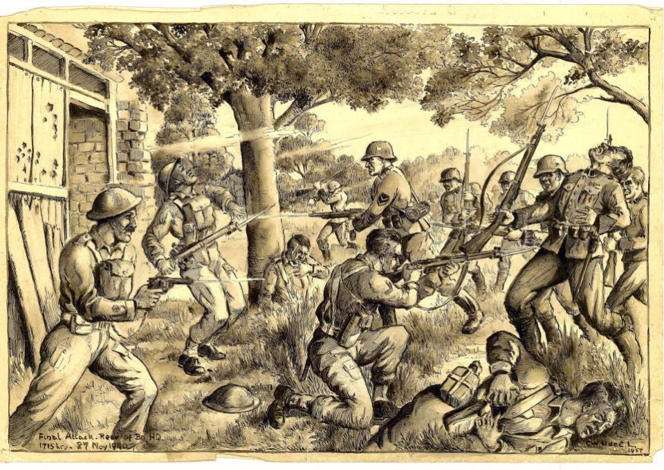 Eastern Daily Press: Another scene by Charles Long showing the fatal attack at the rear of battalion HQ