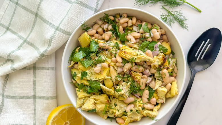 artichoke bean salad in bowl