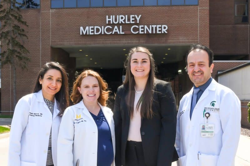 Left to right, the primary study team consisted of Dr. Huda Marcus, primary care provider, Hurley Medical Center; 

Dr Melissa Elafros, neurologist, University of Michigan Medical School;

Lexi Brown, Flint Neuropathy Study coordinator; and Dr. Thair Dawood, primary care provider, Hurley Medical Center. Photo by Douglas Pike/Hurley Medical Center.