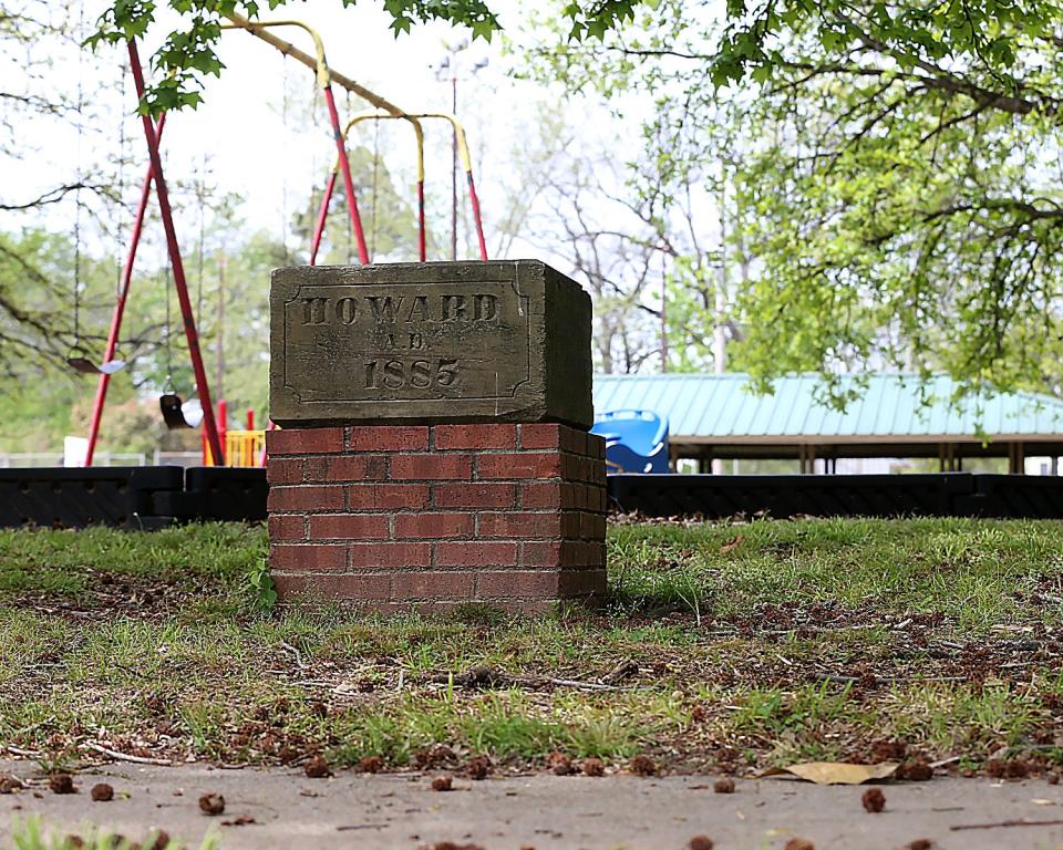 The Howard building marker is on display in the Harley Wilson Park, n 8th and H St., seen Monday, April 12, in Fort Smith.