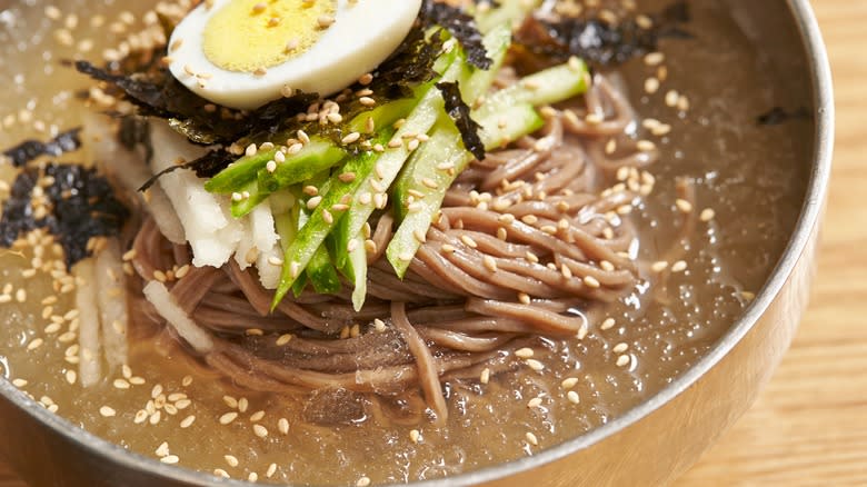 Closeup of Korean buckwheat noodles