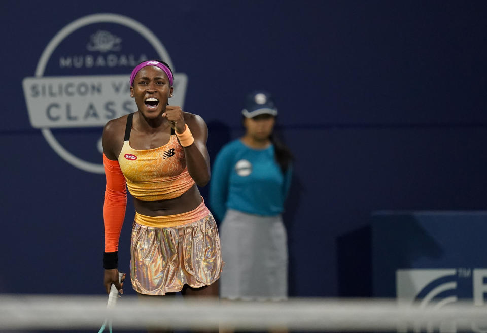 Coco Gauff, of the United States, celebrates her 6-4, 6-4 victory against Naomi Osaka, of Japan, at the Mubadala Silicon Valley Classic tennis tournament in San Jose, Calif., Thursday, Aug. 4, 2022. (AP Photo/Godofredo A. Vásquez)