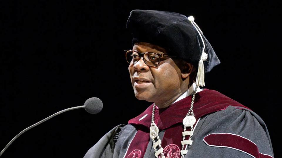 NCCU Chancellor Johnson O. Akinleye speaks during his installation ceremony on the campus of North Carolina Central University in Durham, N.C. Thursday, April 19, 2018.