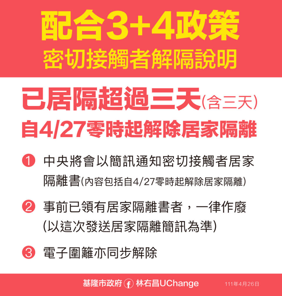 配合中央「居隔3＋4」政策，密切接觸者解隔說明。   圖：基隆市政府提供