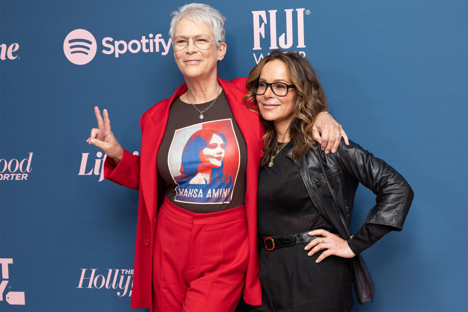 <p>Jamie Lee Curtis poses in a T-shirt honoring Mahsa Amini alongside Jennifer Grey at <em>The Hollywood Reporter</em>'s Women in Entertainment Gala on Dec. 7 in Los Angeles.</p>