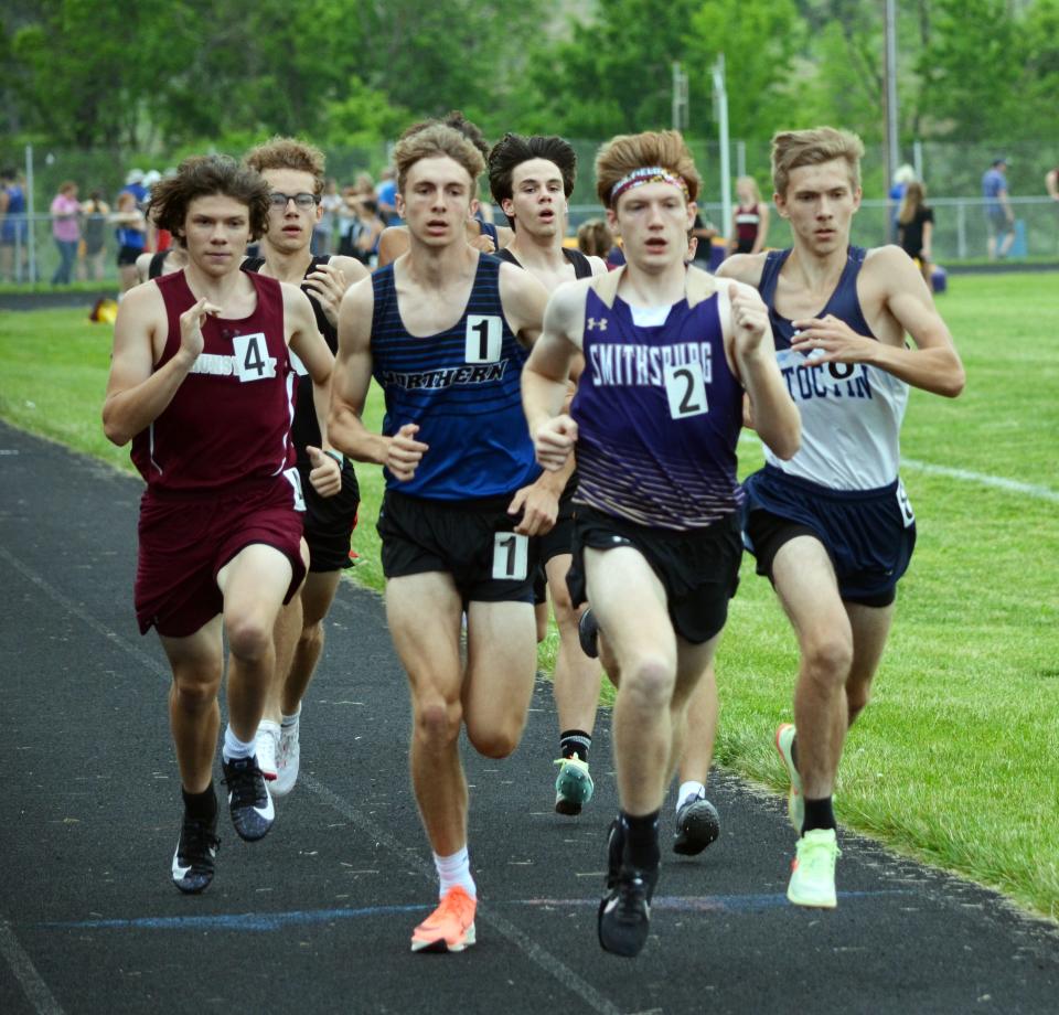 Smithsburg's Cameron Rejonis (2) leads the boys 800-meter run with 400 to go at the 1A West championships. He finished third in 2:03.46.