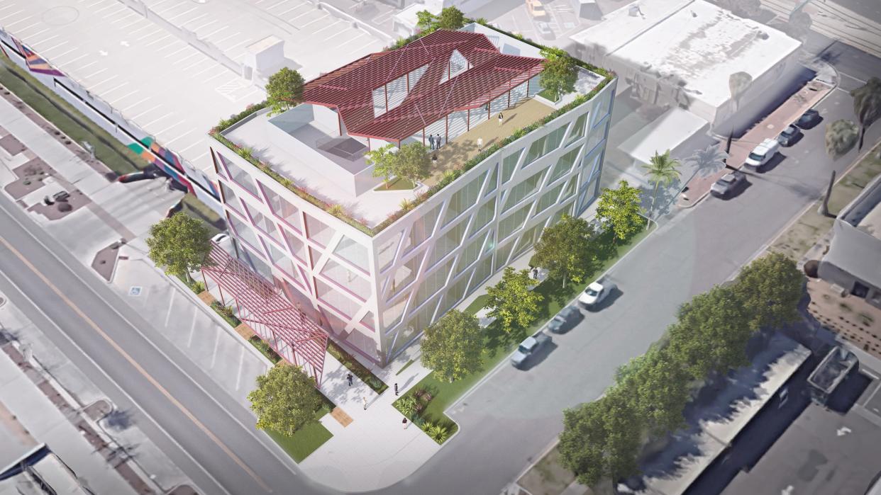 An artist's rendering shows an aerial view of the Rainbow Road apartment complex planned near First and Portland streets.