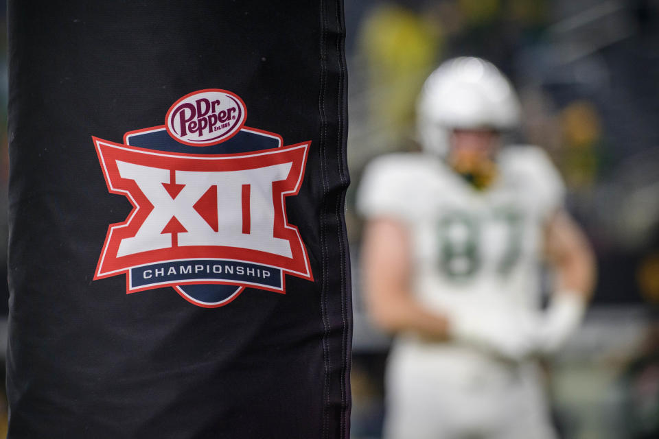 Dec 4, 2021; Arlington, TX, USA; A view of a Big 12 championship logo before the game between the Oklahoma State Cowboys and the Baylor Bears in the Big 12 Conference championship game at AT&T Stadium. Mandatory Credit: Jerome Miron-USA TODAY Sports