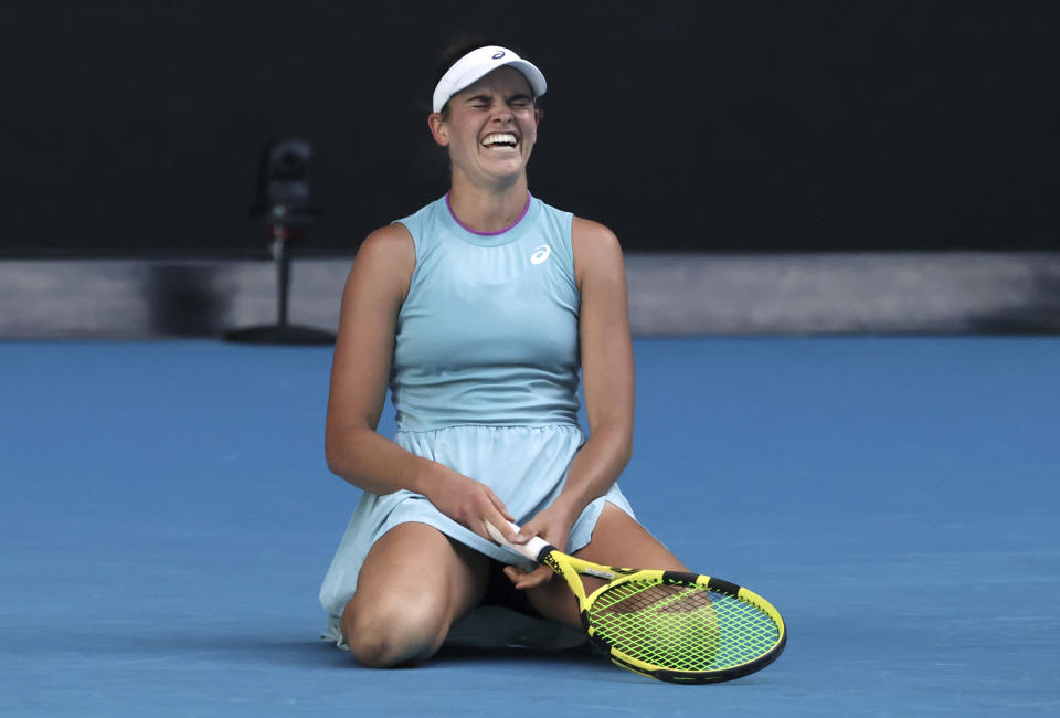 United States' Jennifer Brady reacts during her semifinal against Karolina Muchova of the Czech Republic at the Australian Open tennis championship in Melbourne, Australia, Thursday, Feb. 18, 2021.(AP Photo/Hamish Blair)