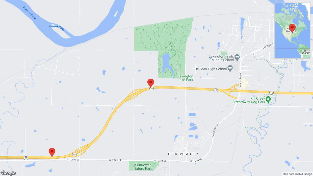 A detailed map that shows the affected road due to 'Drivers cautioned as heavy rain triggers traffic concerns on westbound K-10 in De Soto' on May 6th at 10:42 p.m.