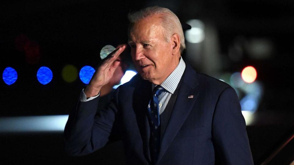 PHOTO: President Joe Biden steps off Air Force One upon arrival at Andrew Air Force Base in Maryland on Nov.9, 2023. (Olivier Douliery/AFP via Getty Images)