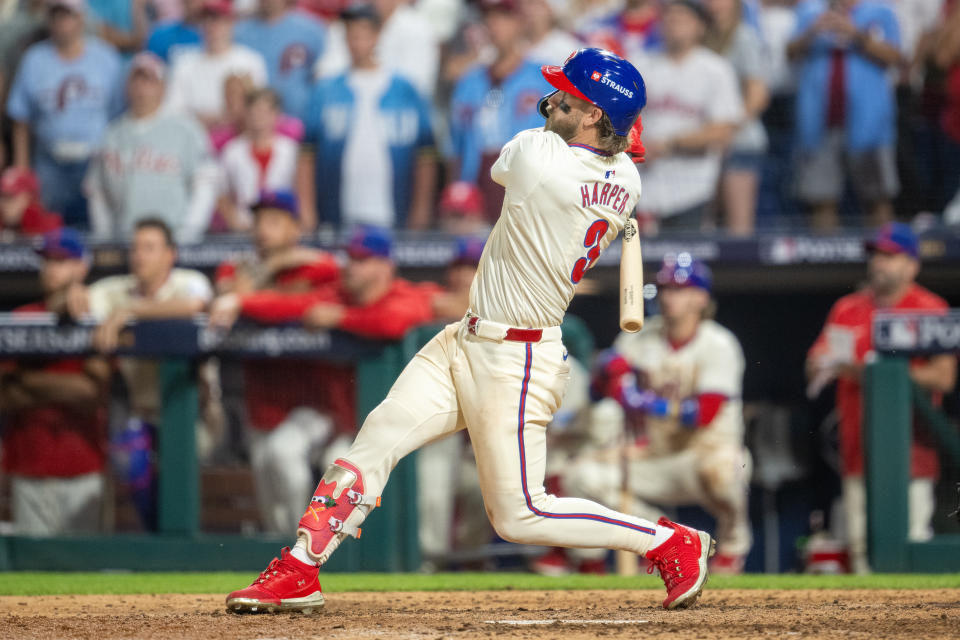 PHILADELPHIA, PA - OCTOBER 06: Philadelphia Phillies first base Bryce Harper (3) hits the ball during the National League Division Series game between the New York Mets and the Philadelphia Phillies on October 6th, 2024 at Citizens Bank Park in Philadelphia, PA. (Photo by Terence Lewis/Icon Sportswire via Getty Images)