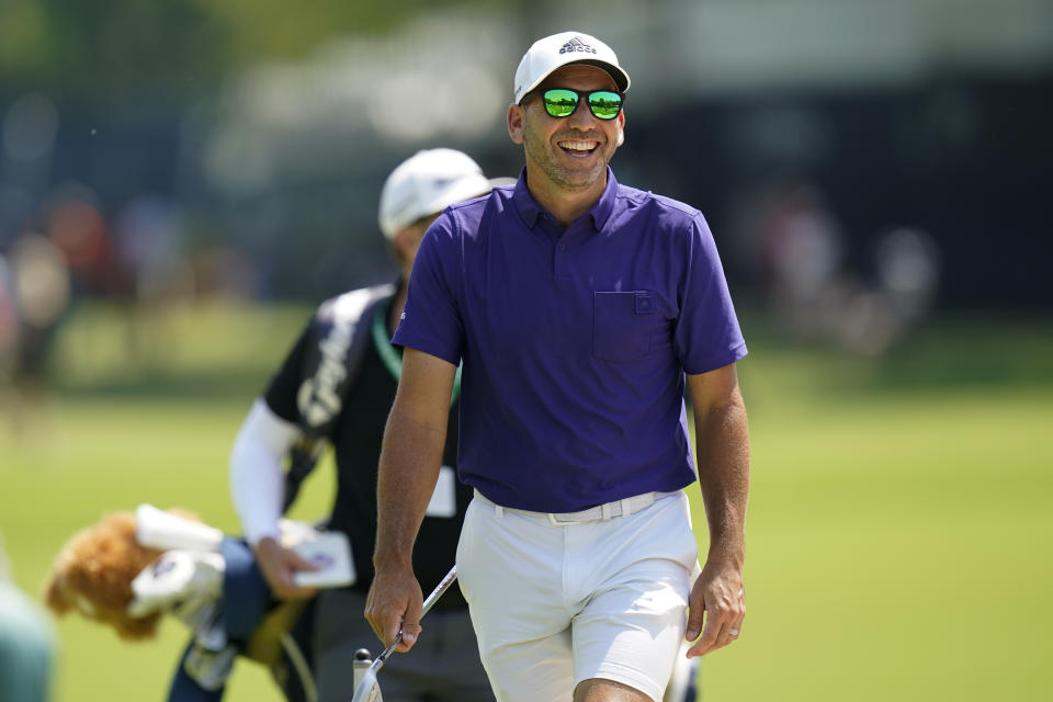 Sergio Garcia, of Spain, walks to the green on the 13th hole during a practice round for the PGA Championship golf tournament, Wednesday, May 18, 2022, in Tulsa, Okla. (AP Photo/Eric Gay)