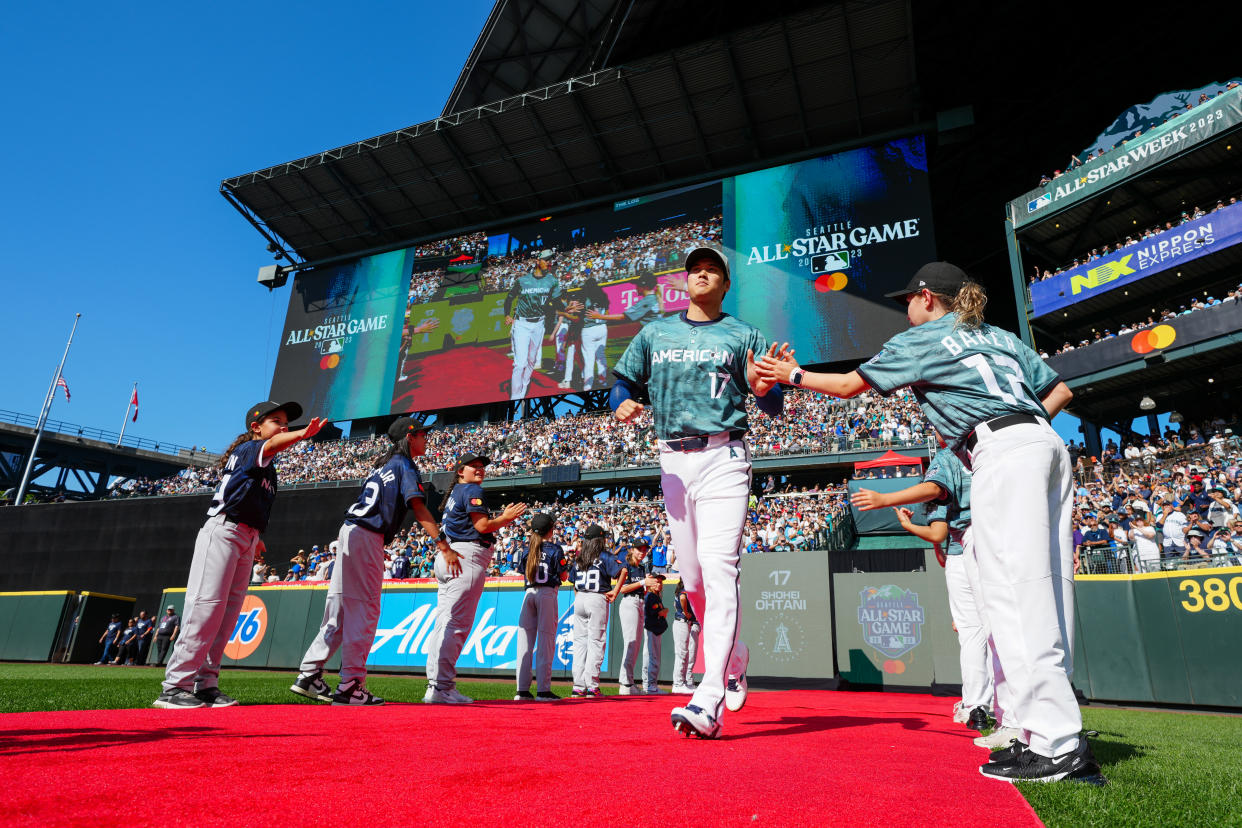 SEATTLE, WA - JULY 11: Shohei Ohtani #17 of the Los Angeles Angels is introduced prior to the 93rd MLB All-Star Game presented by Mastercard at T-Mobile Park on Tuesday, July 11, 2023 in Seattle, Washington. (Photo by Daniel Shirey/MLB Photos via Getty Images)