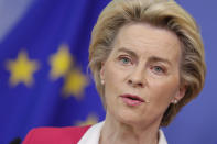 European Commission President Ursula von der Leyen gives a statement at the European Commission headquarters in Brussels, Wednesday, Sept. 23, 2020. (Stephanie Lecocq/Pool Photo via AP)