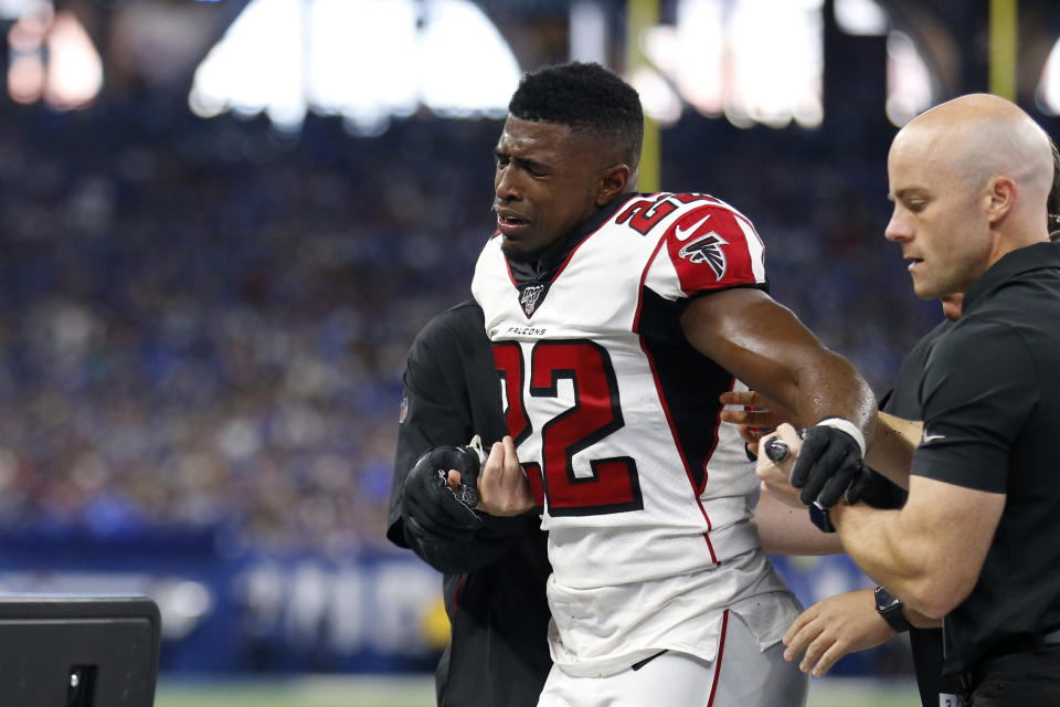 INDIANAPOLIS, INDIANA - SEPTEMBER 22: Keanu Neal #22 of the Atlanta Falcons is helped off the field during the second quarter in the game against the Indianapolis Colts at Lucas Oil Stadium on September 22, 2019 in Indianapolis, Indiana. (Photo by Justin Casterline/Getty Images)