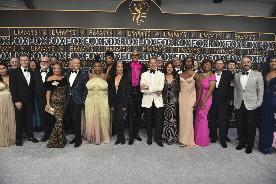 The cast and crew RuPaul's Drag Race arrives at the 75th Primetime Emmy Awards on Monday, Jan. 15, 2024, at the Peacock Theatre in Los Angeles. (Photo by Richard Shotwell/Invision/AP)