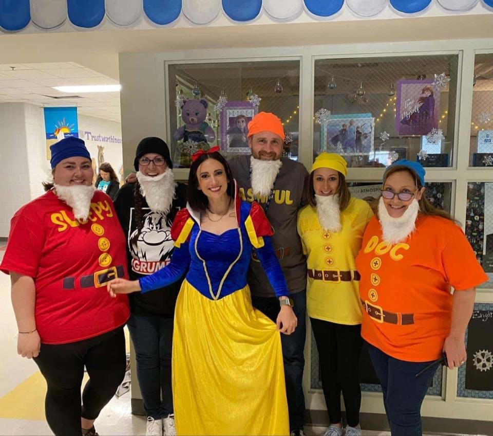Fourth grade teachers channel their inner Snow White and her trustworthy companions at the annual Hawk Walk at Hardin Valley Elementary School March 10, 2023.