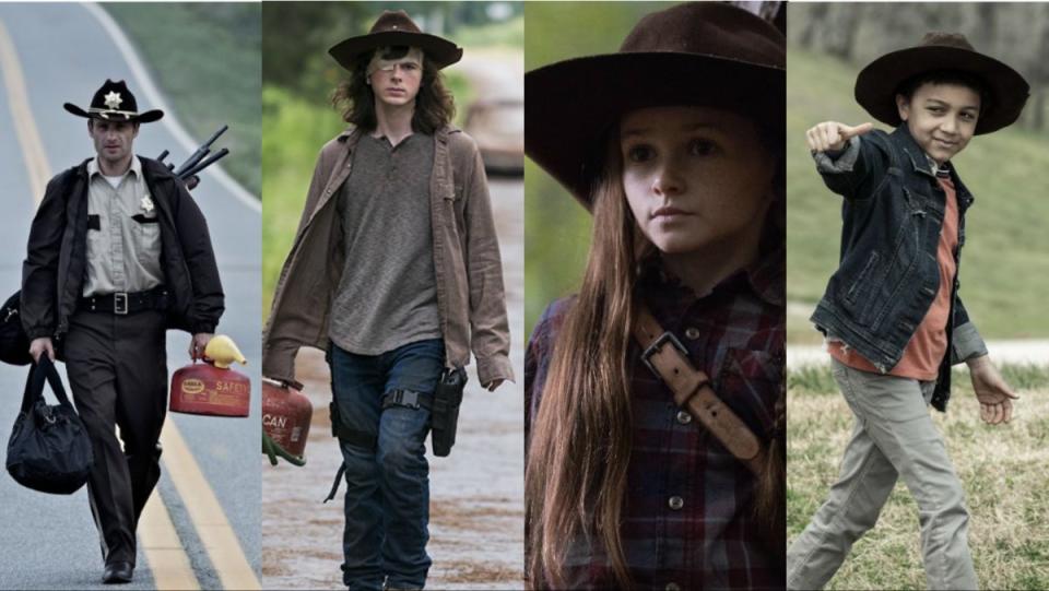 collage of Rick, Carl, Judith, and RJ Grimes wearing the same sheriff's hat