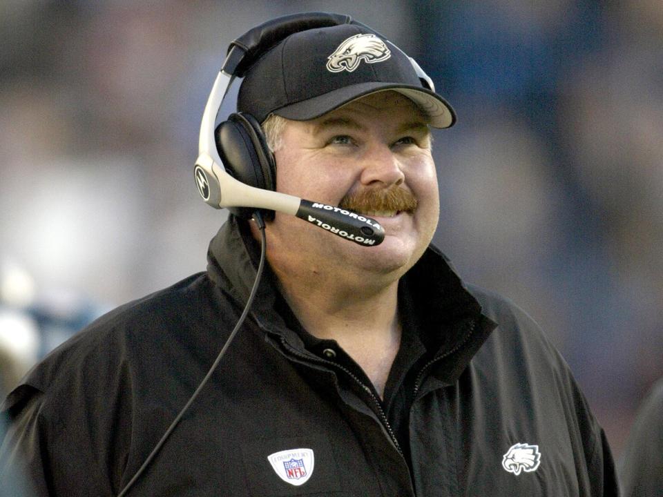 Andy Reid of the Philadelphia Eagles looks on during a game against the Carolina Panthers on November 30, 2003 at Ericsson Stadium in Charlotte, North Carolina