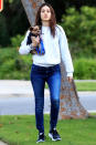 <p>Emmy Rossum takes a walk with her husband, Sam Esmail (not pictured), and their dogs in L.A. on Monday.</p>