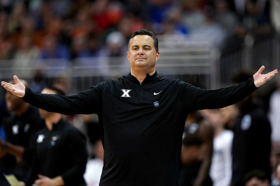 Xavier Musketeers head coach Sean Miller reacts to a play during the first half of a Sweet 16 college basketball game between the Xavier Musketeers and the Texas Longhorns in the Midwest Regional of the NCAA Tournament, Friday, March 24, 2023, at T-Mobile Center in Kansas City, Mo.