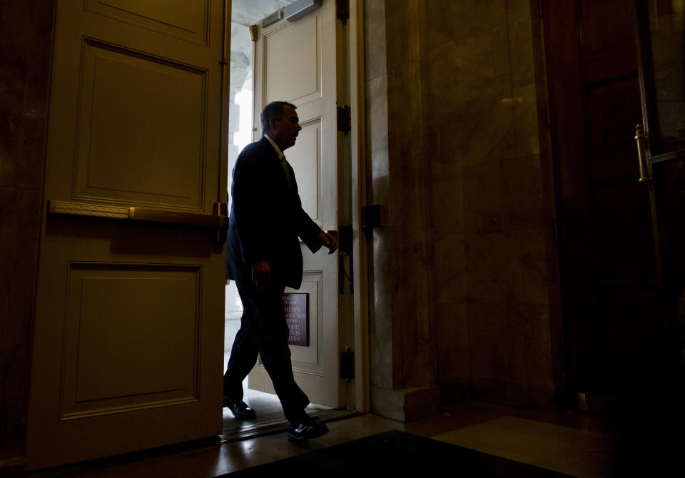 <p> House Speaker John Boehner of Ohio arrives on Capitol Hill in Washington, Friday, Oct. 11, 2013. President Barack Obama and Republicans in the House of Representatives are exploring whether they can end a budget standoff that has triggered a partial government shutdown and put Washington on the verge of an economy-jarring federal default. (AP Photo/ Evan Vucci)</p>