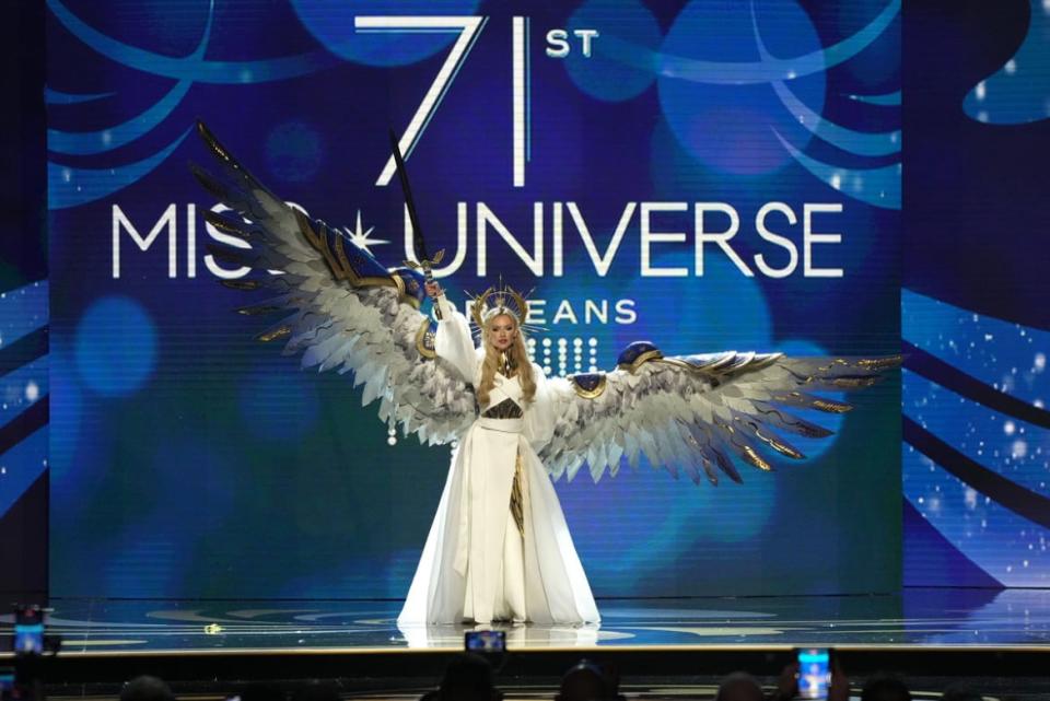 <div class="inline-image__caption"><p>Miss Ukraine, Viktoriia Apanasenko walks onstage during the 71st Miss Universe Competition National Costume show.</p></div> <div class="inline-image__credit">Josh Brasted/Getty Images</div>