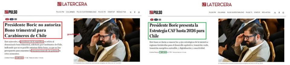 <span>Comparación entre capturas de pantalla de la imagen viralizada (I) y de la noticia del portal La Tercera, hecha el 15 de abril de 2024</span>