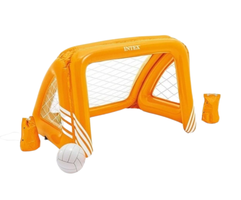 An orange inflatable soccer net with an inflatable white ball next to it on a white background.