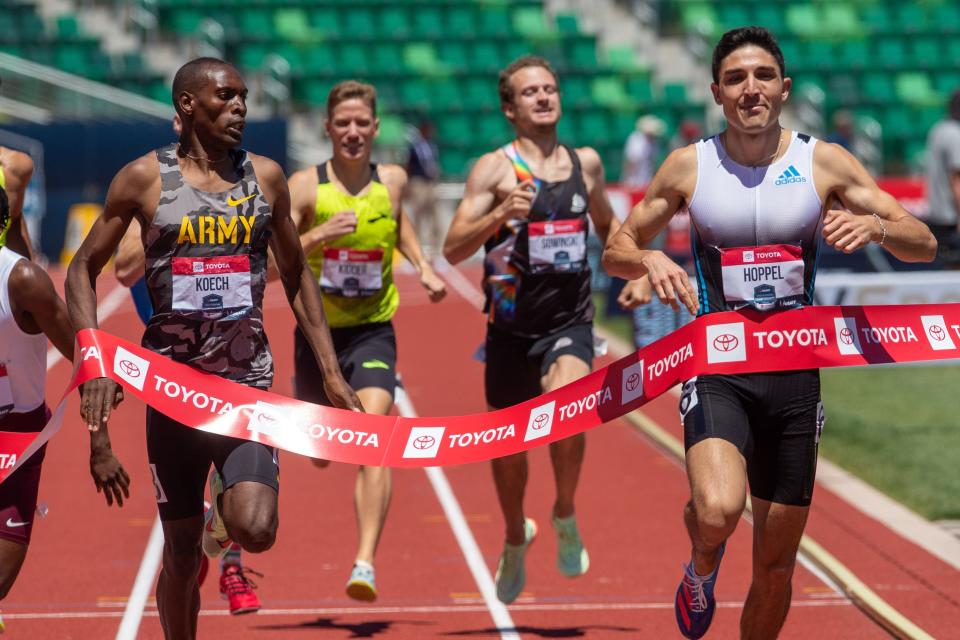 Midland High graduate Bryce Hoppel, right, hold off former Texas Tech all-American Jonah Koech, left, in the finals of the 800 meters Sunday at the U.S. outdoor track and field championships. In the past two years, Hoppel has made Team USA for the Olympics and the World Championships indoor and outdoor.