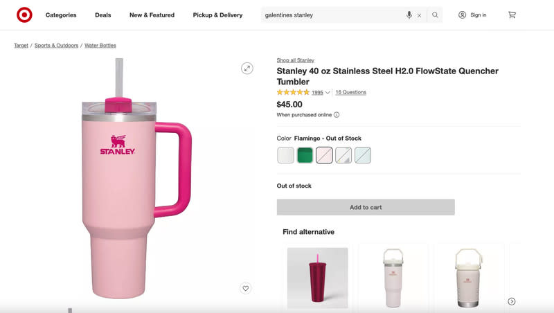 The “Galentine’s Connection” 40-ounce tumbler from Stanley is pictured on Target’s website. Holiday-themed Stanley cups are flying off the shelves.