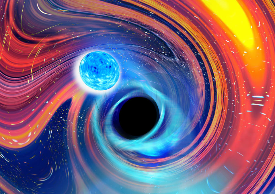 This illustration provided by Carl Knox depicts a black hole, center, swallowing a neutron star, upper left. The blue lines are gravitational waves, ripples in time and space, which is how astronomers detected the merger, and orange and red areas indicate parts of the neutron star being stripped away. In a report released on Tuesday, June 29, 2021, astronomers say they have witnessed a black hole swallowing a neutron star, the most dense object in the universe, _ all in a split-second gulp. (Carl Knox/OzGrav/Swinburne University Australia via AP)