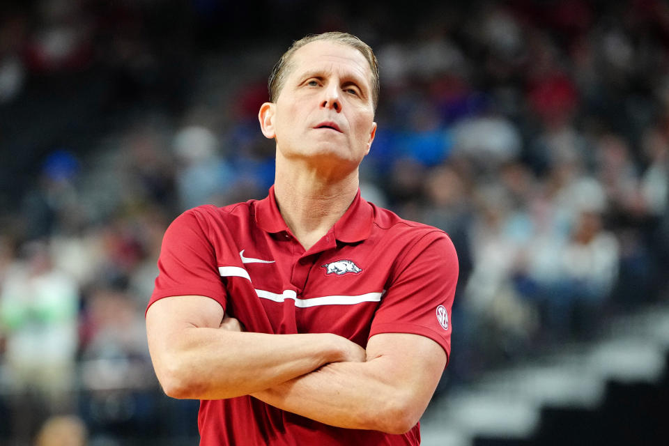 Mar 23, 2023; Las Vegas, NV, USA; Arkansas Razorbacks head coach Eric Musselman reacts after a play against the <a class="link " href="https://sports.yahoo.com/ncaaw/teams/connecticut/" data-i13n="sec:content-canvas;subsec:anchor_text;elm:context_link" data-ylk="slk:UConn Huskies;sec:content-canvas;subsec:anchor_text;elm:context_link;itc:0">UConn Huskies</a> during the first half at T-Mobile Arena. Mandatory Credit: Stephen R. Sylvanie-USA TODAY Sports
