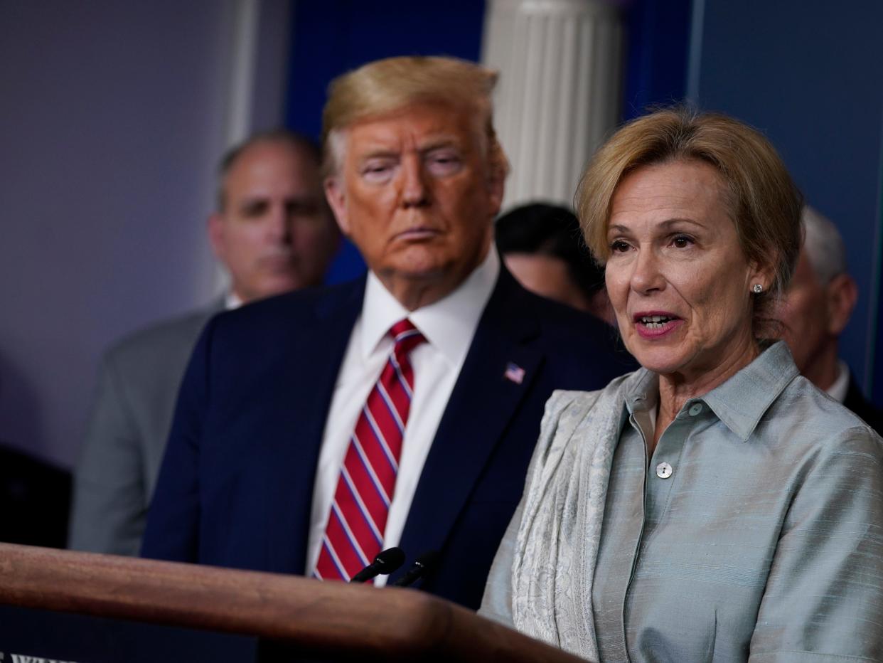 FILE - In this March 20, 2020, file photo President Donald Trump listens as White House coronavirus response coordinator Dr. Deborah Birx speaks during a coronavirus task force briefing at the White House in Washington. Birx has emerged as one of the most important voices in the administration’s response to the coronavirus pandemic, spelling out the implications of the virus in personal terms while attempting to reassure Americans that it is centering its response to the pandemic with a data-driven mindset. (AP Photo/Evan Vucci, File)