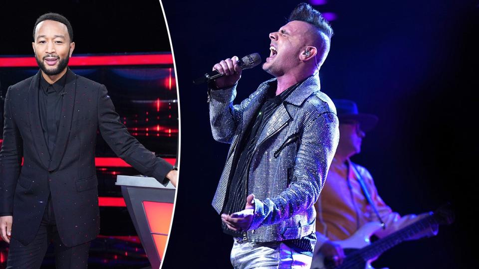 A photo of John Legend standing next to his chair on "The Voice" and Bryan Olesen, from his team performing
