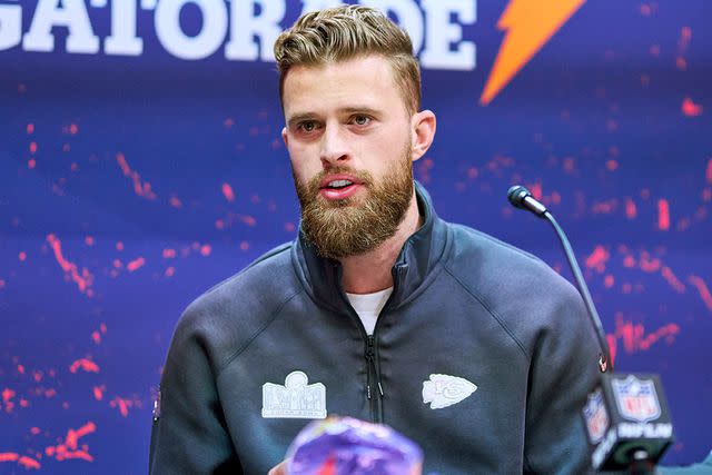 <p>Robin Alam/ISI Photos/Getty</p> Harrison Butker #7 of the Kansas City Chiefs speaks to media during Super Bowl LVIII Opening Night at Allegiant Stadium ahead of Super Bowl LVIII on February 5, 2024 in Las Vegas, Nevada.