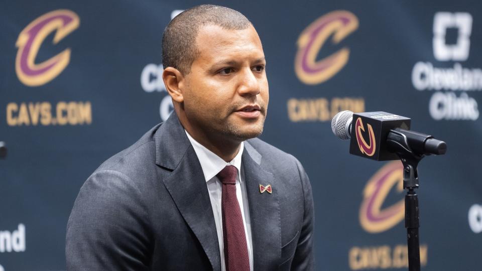 Oct 2, 2023; Cleveland, OH, USA; Cleveland Cavaliers general manager Koby Altman talks to the media during media day at Rocket Mortgage FieldHouse