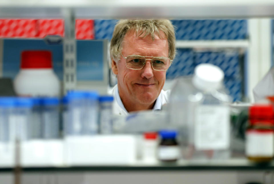 Scientist Peter J.Ratcliffe poses for photos in the laboratory at the University in Oxford, England, Monday, Oct. 7, 2019. Two Americans and a British scientist won the 2019 Nobel Prize for Physiology or Medicine for discovering how the body’s cells sense and react to oxygen levels, work that has paved the way for new strategies to fight anemia, cancer and other diseases Drs. William G. Kaelin Jr. of Harvard University, Gregg L. Semenza of Johns Hopkins University and Peter J. Ratcliffe at the Francis Crick Institute in Britain and Oxford University will share the 9 million kronor ($918,000) cash award. (AP Photo/Frank Augstein)