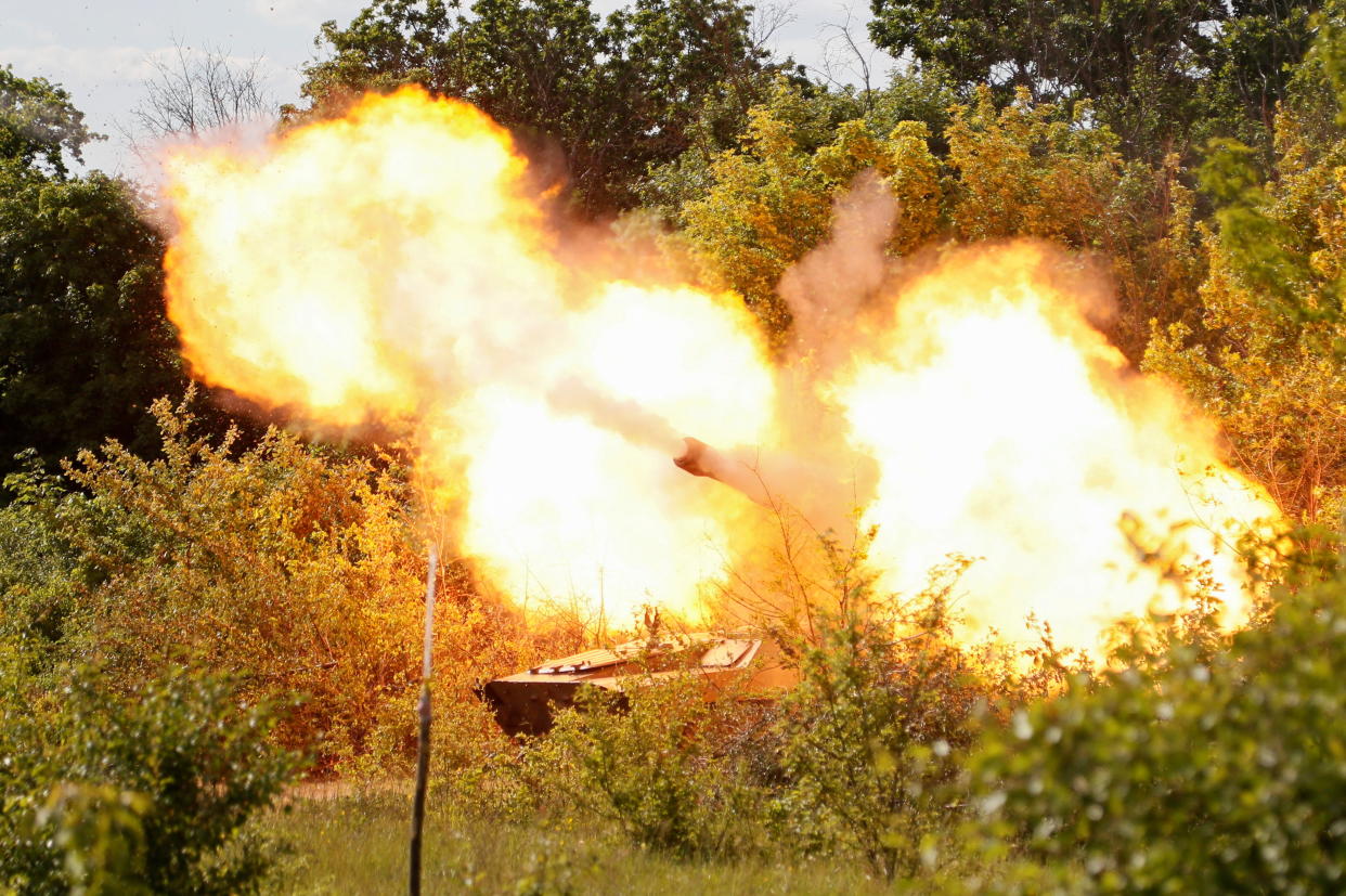 A self-propelled howitzer 2S1 Gvozdika of pro-Russian troops fires a leaflet shell in the direction of Sievierodonetsk to disperse information materials from their combat positions in the Luhansk region. (Reuters)